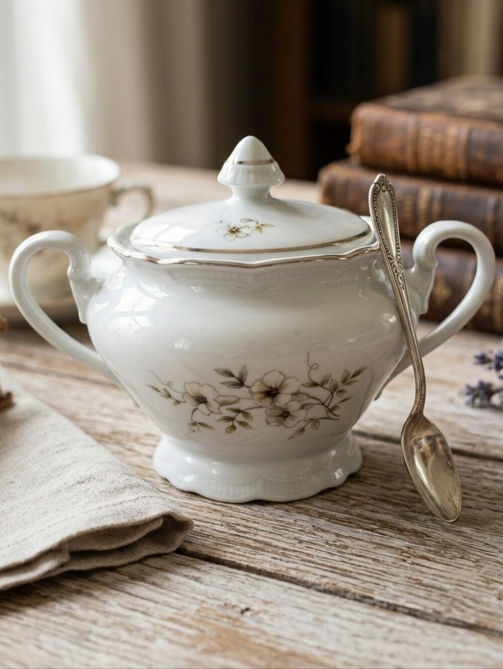 Czechoslovakia Bohemian China Floral Sugar Bowl With Lid Vintage